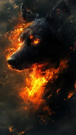 Volumetric fire-wreathed black canine rendered with high-detail fur shading