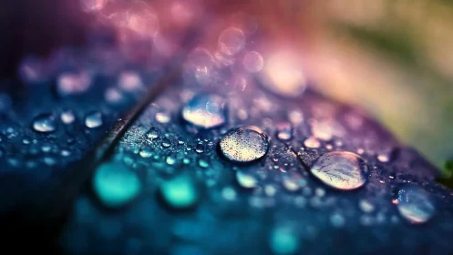 Prismatic raindrops shimmer across a twilight-tinted leaf.