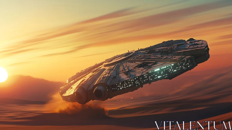 Sunset starship gliding low across glowing desert sands.
