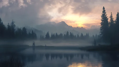 Misty conifer lake reflects distant mountains at sunrise
