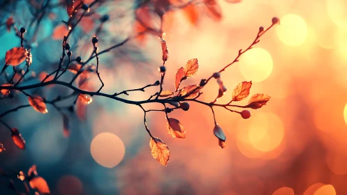 Autumn branch with orange leaves in dreamy bokeh light style.