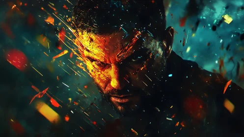 Burning warrior head erupts through fractured embers storm.