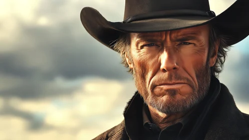 Weathered cowboy under wide skies, holding endless stories.