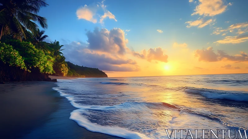 Sunlit waves whisper toward a palm-draped tropical shoreline