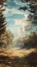 Forest Clearing with Autumn Light and Cloud-Filled Sky.