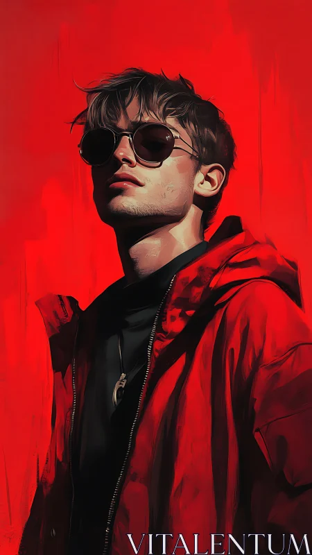 Young male subject in red jacket against flat red backdrop.