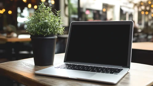 Open laptop and potted plant form balanced workspace vignette