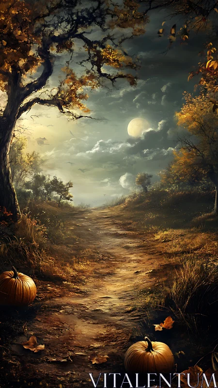 Moonlit autumn path curves through pumpkins and twisted trees