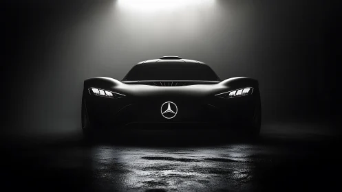 Midnight spotlight on a sleek, futuristic Mercedes coupe.