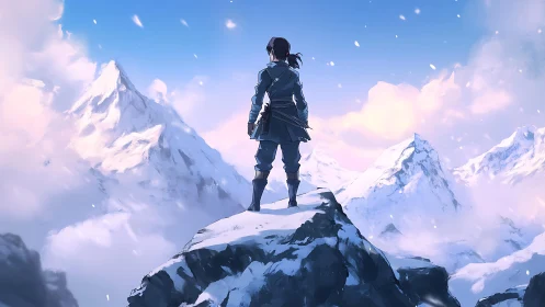 Solitary climber surveys vast sunlit alpine peaks.