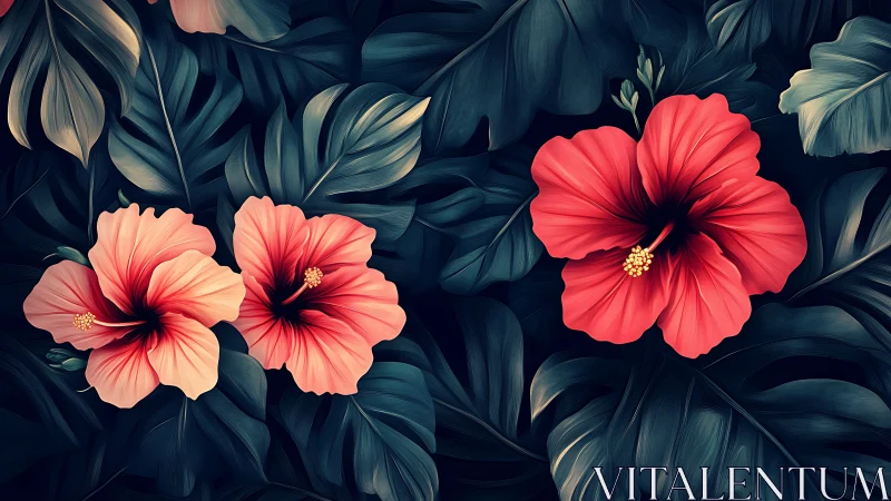 Blooming Scarlet Dreams: Tropical Hibiscus Against Shadowed Foliage.