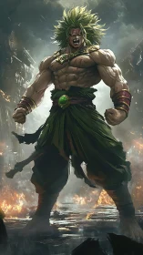 Muscular green-haired warrior roaring amid burning ruins