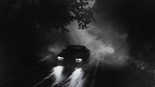 Headlights in the mist: a lonely night drive unfolds.