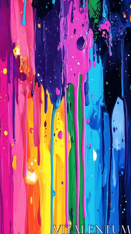 Vertical multicolored paint drips on abstract surface.