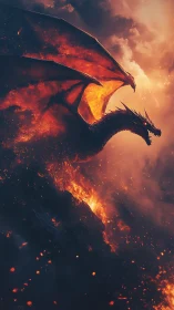 Inferno-winged dragon carving firepaths through stormed sky.