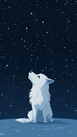 White wolf quietly gazes at a star-filled midnight sky.