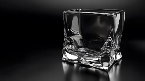 Modern square glass tumbler on glossy black background, minimalist style.