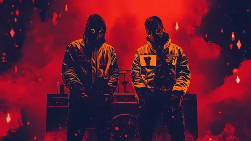 Masked duo before red inferno with stylized urban backdrop.