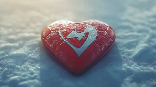 Red heart with frost patterns lies on winter snow.