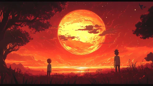 Cinematic anime sunset panorama with dual silhouettes framing orb.