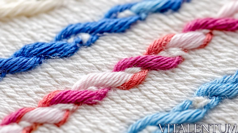 Macro study of intertwined embroidery threads on woven fabric