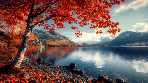 Tree, lake, and distant mountains form a structured landscape
