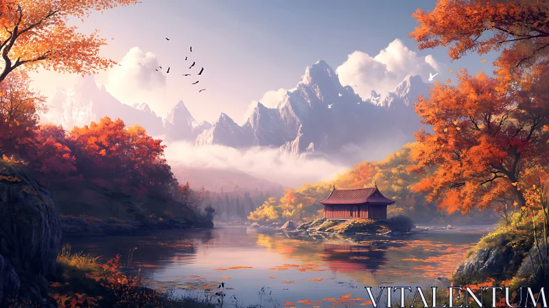 Autumnal mountain lake pavilion in high-fidelity digital rendering.