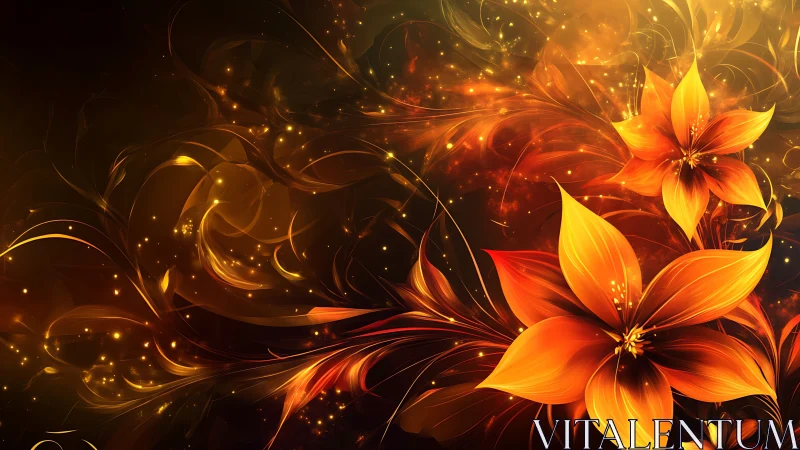 Glowing orange blossoms unfold in a swirling golden night