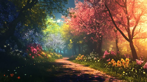 Colorful forest path under bright spring blossom trees.