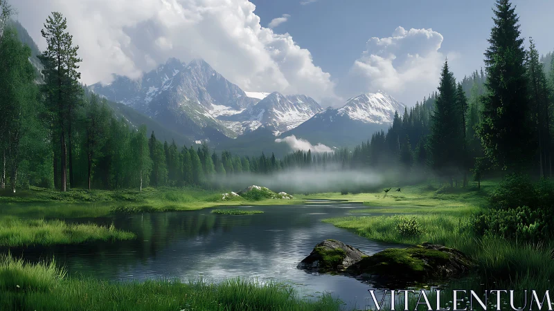 Quiet mountain lake wrapped in misty evergreen calm.