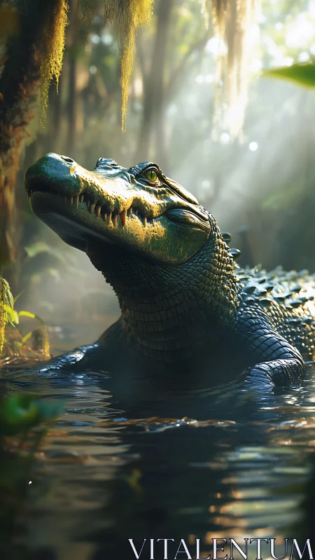Crocodile partially submerged in sunlit forest waterway