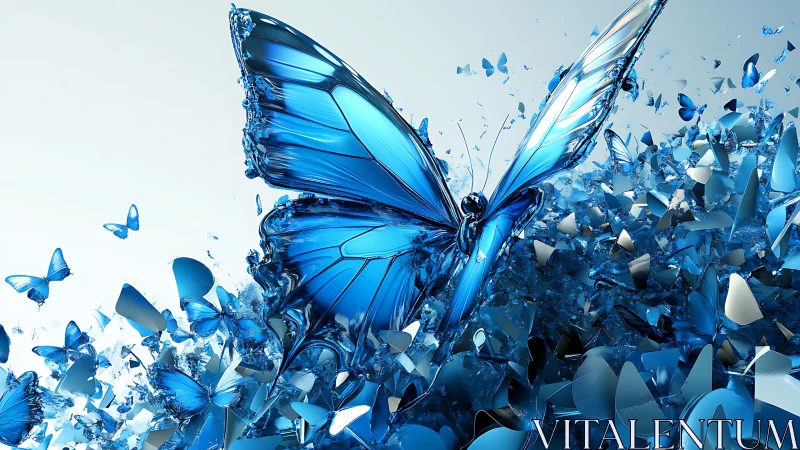 Crystal blue butterfly emerging from fracturing shards.