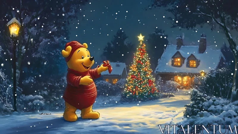 Anthropomorphic bear in winter night cottage Christmas scene