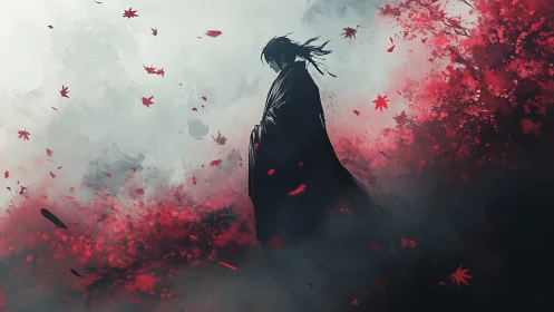Solitary cloaked figure stands amid red leaves and mist