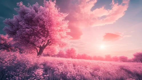Radiant pink blossom field beneath a glowing sunset sky.