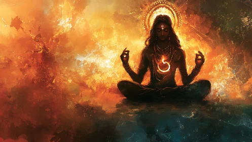 Serene firelit yogi resting in glowing spiritual stillness.