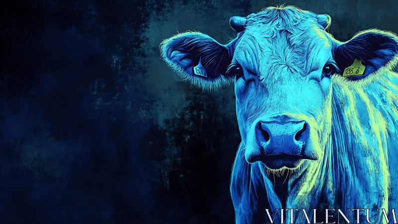 Electric blue cow portrait glows against a moody dark backdrop