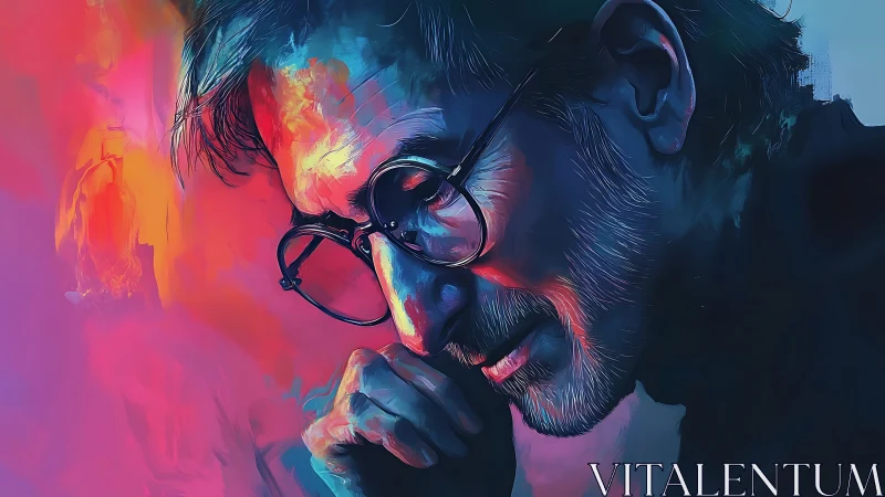 Contemplative male portrait in neon duotone digital painting