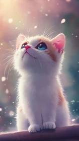 White Kitten with Pink Ears Gazing Upward in Dreamlike Aura.