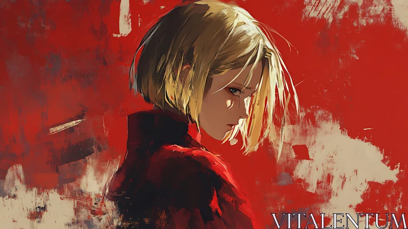 Melancholic blonde portrait against abstract crimson field.