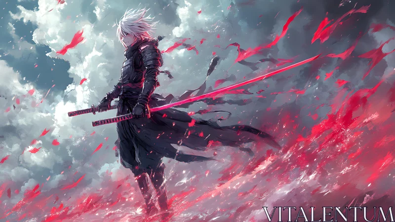 White-haired swordsman stands in storm of red particles