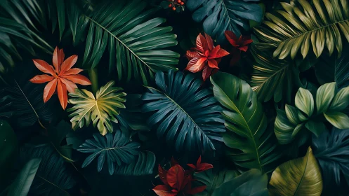 Tropical foliage array with saturated teal and vermilion leaves.