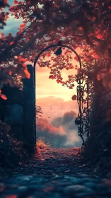 Sunlit garden gate opens toward a misty, dreamlike city