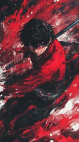 Fiery anime swordsman charging through swirling crimson storm.