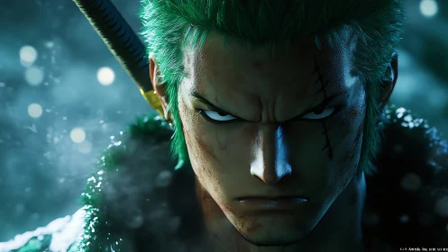 Determined green haired warrior framed in glowing night fog.