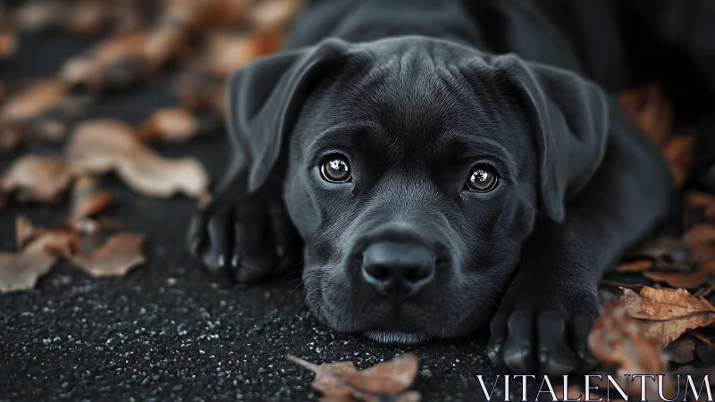 Black puppy rests on autumn leaves with soulful gaze.