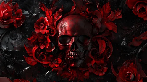 Crimson skull encircled by baroque roses and swirling petals.