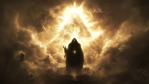 Radiant robed figure beneath blazing geometric triangle.