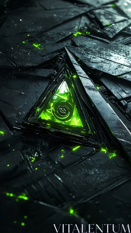 Neon emerald triangular core within fractured black panels