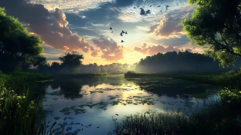 Sunrise reflections over tranquil misty forest lakescape.